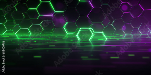 Abstrakter futuristischer Hintergrund mit lila grünen Hexagons. 