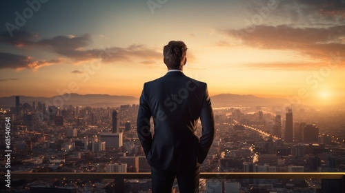 Businessman looking out over city at sunrise t