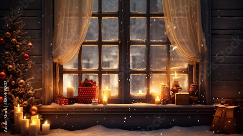 Christmas window sill and fireplace, copy space, generative ai