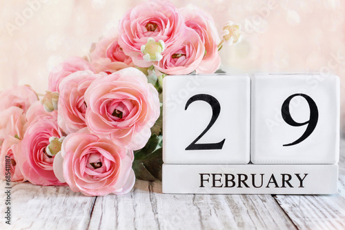 Leap Year February 29th Calendar Blocks with Pink Ranunculus
