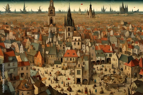 big city life in Hieronymus Bosch art style 