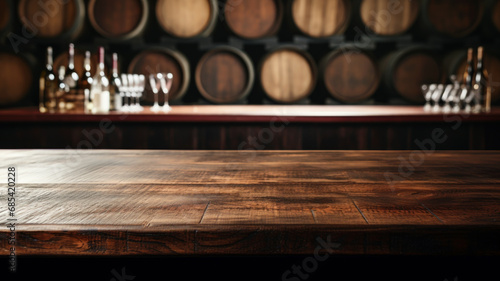 Old brown wood table on blurred wine cellar background, empty vintage desk in restaurant, bar or cafe. Wooden barrels in storage of winery. Concept of design, product, advertising