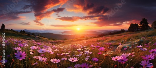 Summer sunset over an old meadow of wildflowers