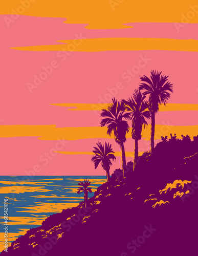 WPA poster art of surf beach at Barney's Surf Spot in Encinitas, California, United States USA done in works project administration or federal art project style.