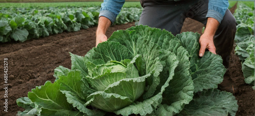 Farmer holding big kale cabbage at agricultural field. Farming and harvesting leaf vegetable in fall season