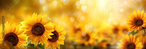 Sunflower background with bokeh lights. Bright summer landscape.