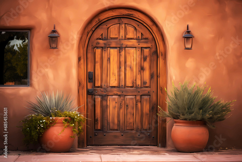 wooden door in beautiful pueblo style adobe home