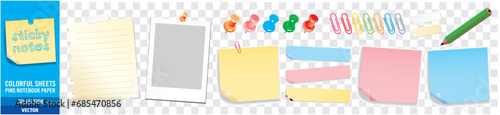 Sticky notes, Push pin, Vintage memo, Paper reminder. Colored paper sheets, collection vector illustration.