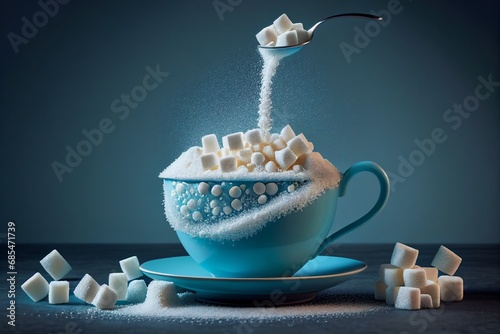 Overflowing sugar bowl, brimming with an excess of sugar cubes and granulated sugar, detrimental aspects of excessive sugar consumption. Concept of sugar-related health concerns.