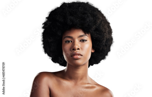 Hair, beauty and portrait of black woman with afro on isolated, png and transparent background. Skincare, aesthetic and face of African person with natural texture, growth and cosmetics for wellness