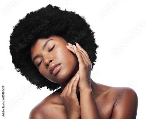 Hair, touch and face of black woman with afro on isolated, png and transparent background. Skincare, beauty aesthetic and African person with natural texture, growth or cosmetics for wellness