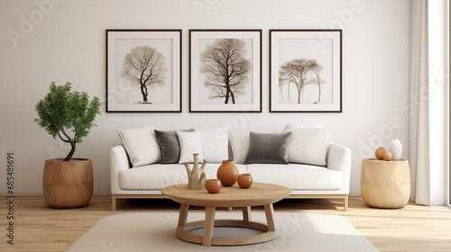 Round wooden coffee table near white sofa against of white wall with three art frames. Scandinavian style