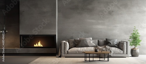 Roomy, grey living space with big couch, hearth, and venetian plaster.