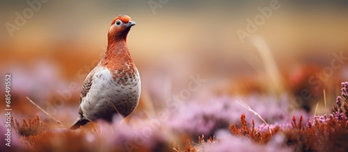 Red Grouse in early Autumn, as heather fades. Facing left. Horizontal.