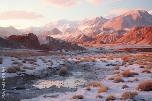 Alpenglow on Rugged Mountains with Frosted Grass and Icy River in Foreground at Sunset
