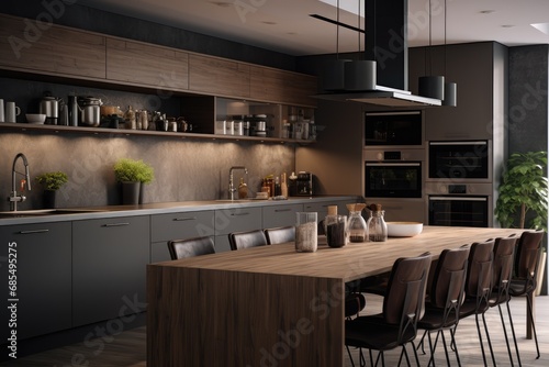 Modern and Elegant Kitchen Design with Long Wooden Dining Table, Contemporary Chairs, and State-of-the-Art Appliances, Set Against a Dark Color Scheme for a Luxurious Culinary Space