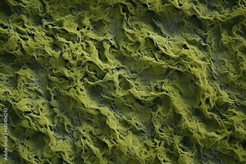 Abstract Aerial View of Rugged Moss Green Lava Fields, Textured Natural Background