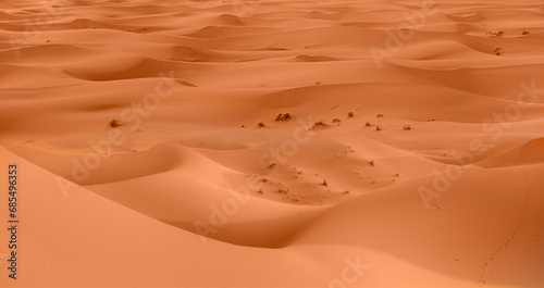 Sand dunes in the Sahara Desert at amazing sunrise, Merzouga, Morocco - Orange dunes in the desert of Morocco - Sahara desert, Morocco