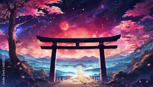 Colorful Vibrant Anime Torii Gate Japanese Landscape with Sakura and Galactic Sky background