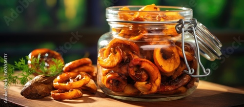 Tasty pickled mushrooms with onion rings