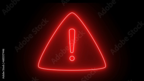 Red color neon warning sign on the black background. Neon light exclamation text icon. warning icon. neon sign , red color text.