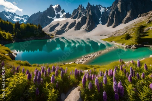 Colorful summer panorama of the Lac Blanc lake with Mont Blanc (Monte Bianco) on background, 