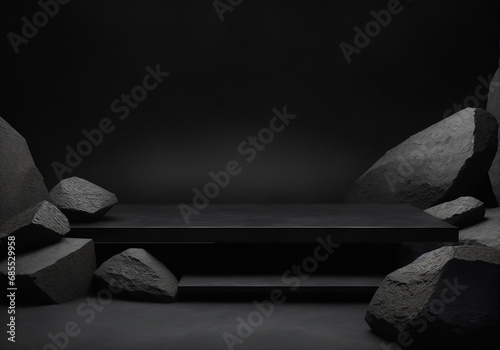 3d render Template of podium of natural dark black granite stone and rock, designed for product exhibition and presentation in ads and branding