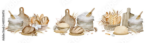 Homemade bread and a bag of flour on an isolated background. A set of watercolor illustrations of baking and cookware, hand-drawn. Composition for the bakery logo and cafe menu.