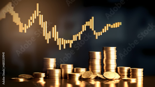 Growth arrow gold coin currency price on money business finance 3d background with success financial market investment earning graph or economy concept cash profit chart and increase stock up symbol