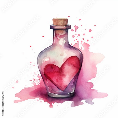 Watercolor love potion bottle, white background. AI generate illustration