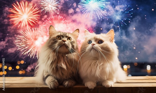 enjoying happy new year fireworks cute cats 
