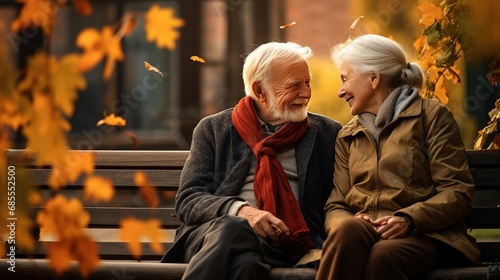 Senior couple sitting on garden bench in autumn with falling leaves. Tenderness and complicity
