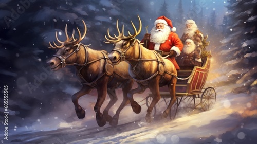 a group of reindeer pulling a sleigh with santa clause. Ai ilustration. digital painting. Generative AI Artificial Intelligence Artwork