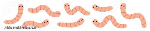 Earthworm set line. Worm insect icon. Cartoon funny kawaii baby animal character. Cute crawling bug collection. Smiling face. Pink color. Flat design. White background. Isolated