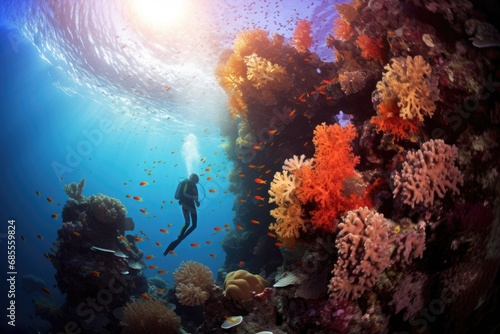 A person in a scuba suit is swimming near a coral reef. Generative AI.