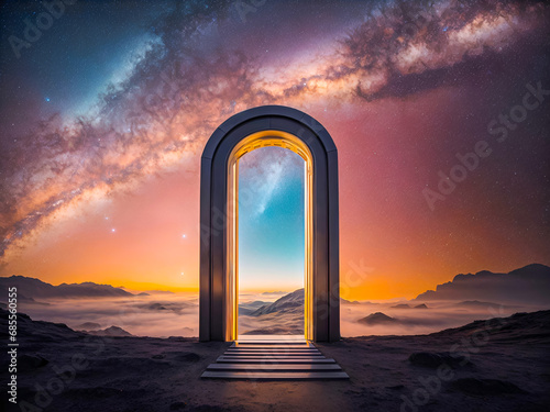  A futuristic door sliding open to a cosmos of stars and nebulae, symbolizing the journey into the space
