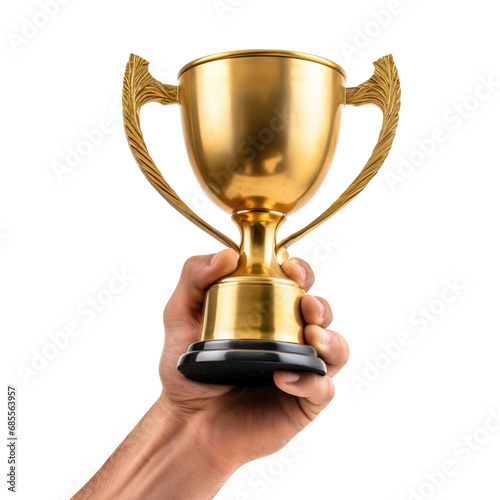 Close up man hands holding champion golden trophy on transparent background Generative AI