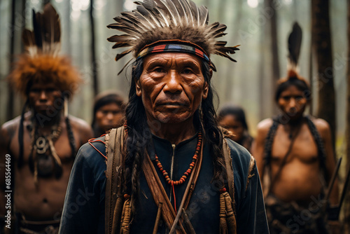 A close up black man from an Indian tribe, from shoulders to head. A war bonnet, headdress, on his head with . His fellows and the woods on the background.