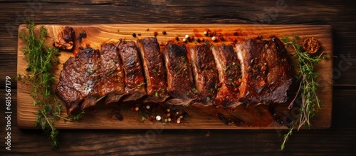 Top view of sliced chuck beef ribs on a wooden cutting board seasoned with hot rub for barbecue copy space image
