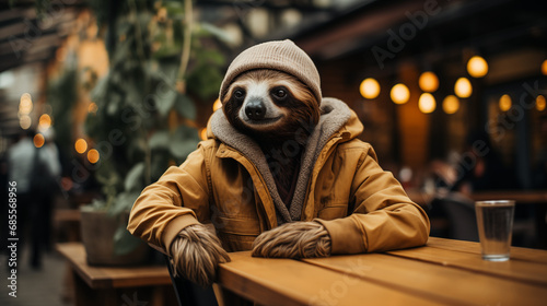 Cute stylish sloth in cafe. Generative AI