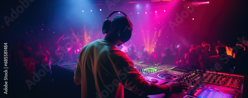 Dj mixing at party with crowd of people in background