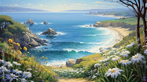 A lush coastal hillside blooming with spring flowers, descending towards a secluded cove with clear blue waters.