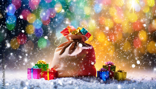 padający śnieg, kolorowe tło, refleksy świetlne, duży worek z prezentami stojący po środku
