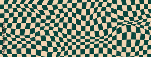 Groovy wave psychedelic checkerboard background. Hippie, retro chessboard template
