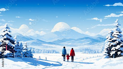 冬の雪道を歩く親子