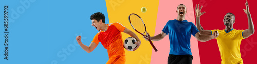 Collage with men, athletes of different sport, football and tennis showing emotions of success, win over multicolored background. Concept of professional sport, success, achievement, competition