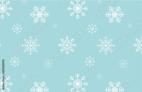 Seamless winter, Christmas patter with beautiful white snowflakes on blue background. Winter holidays concept. 