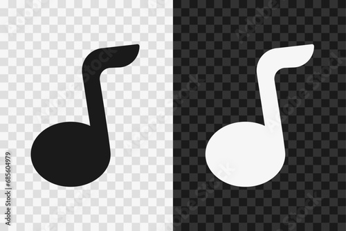 Musical note silhouette icon, vector glyph sign. Musical note symbol isolated on dark and light transparent backgrounds.