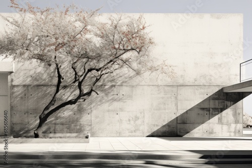 Black and white picture of a tree in the background of ultra-modern minimalist building made of concrete and glass. Live object and grey monochrome inanimate background combination.