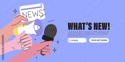 Hands with loud speaker, share or broadcast latest or hot news, livestream. Break for news feed during working hours. Vector graphic style illustration for web or social media banner, ui, app.